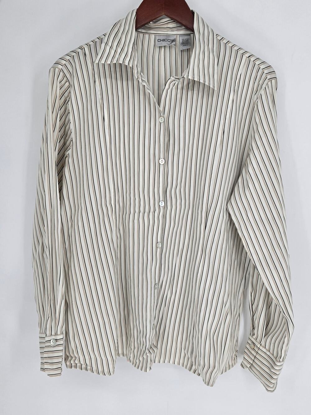 Chico's Striped Button Down Blouse Stretch Cotton Blend Size 2 (US L/12)